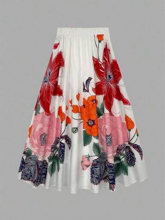 Spring And Summer New Artistic Floral Print Skirt, Light Purple Satin High-Waist - Picture 3 of 4